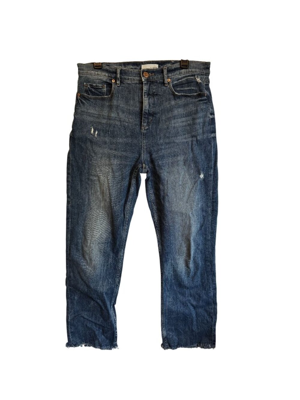 Loft High Waist Straight Crop Jeans Distressed Raw Hem Size 8 Medium Wash Denim